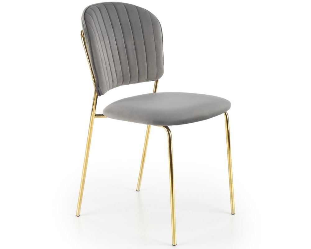 Wohnli Möbelsuche - Designerstuhl aus grauem Samt mit feiner goldfarbener Metallstruktur