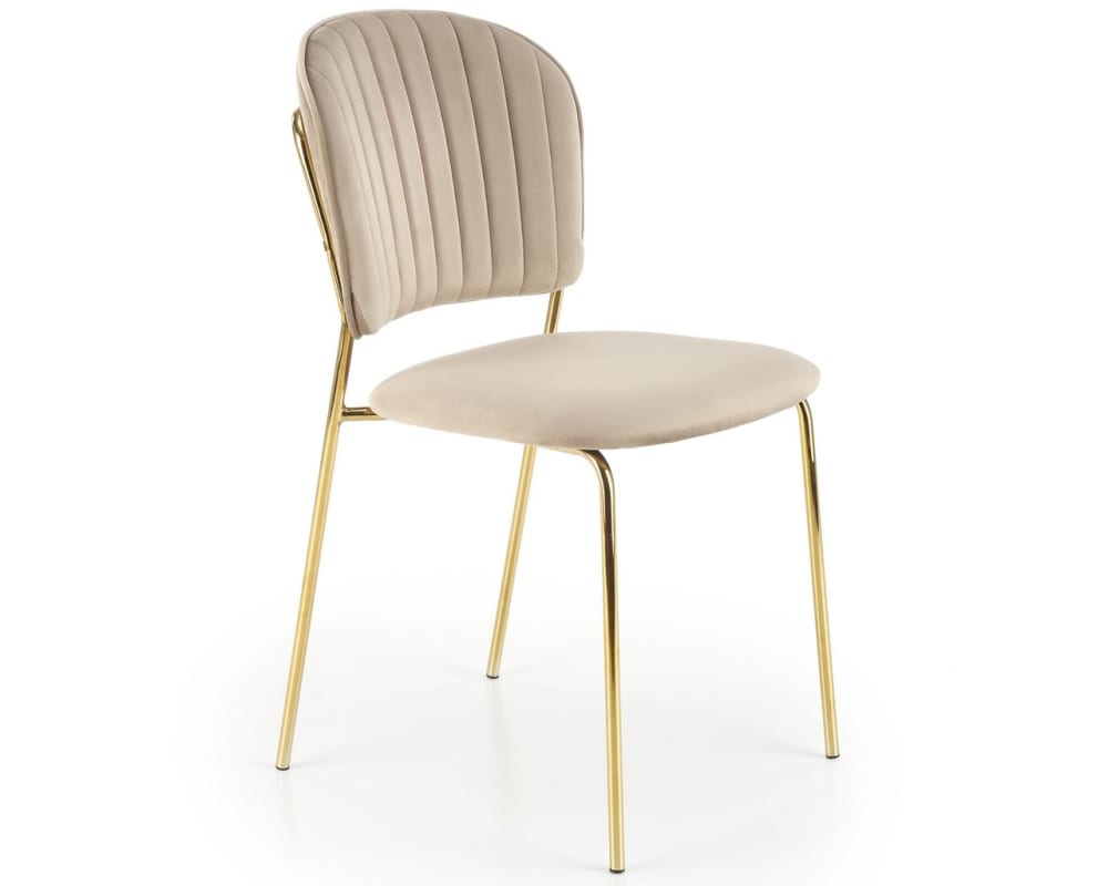 wohnli-moebel-suche-M26099947 Wohnli Möbelsuche - Designerstuhl aus beigem Samt mit feiner goldfarbener Metallstruktur