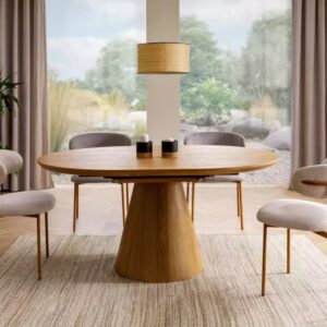wohnli-moebel-suche-M26100576-1 Ausziehbarer runder Tisch aus Natureiche mit Eichenbein 120 cm 120x75x120cm Holz Braun MSO Möbel Esszimmermöbel Esstische
