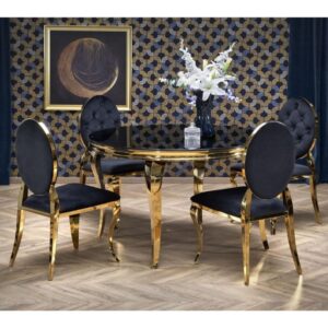 Runder Tisch mit goldenen Beinen und schwarzer Glasplatte 120 cm 120x76x120cm Glas Schwarz MSO Möbel Esszimmermöbel Esstische