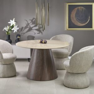 wohnli-moebel-suche-M26100651-1 Runder Esstisch mit Travertin-Marmorplatte und Holzbein 120 cm 120x76x120cm Marmor Beige MSO Möbel Esszimmermöbel Esstische