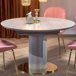 wohnli-moebel-suche-M26100663-1 Runder ausziehbarer Tisch mit Platte in Marmoroptik und zentralem Bein 120x76x120cm Keramik Grau MSO Möbel Esszimmermöbel Esstische