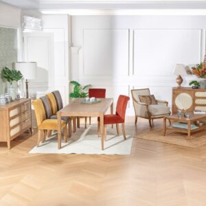 wohnli-moebel-suche-M26106199-1 Set aus 2 Stühlen aus Gummibaumholz und Stoff Mustard Yellow 48x94x60cm Holz Grau Robin des Bois Möbel Esszimmermöbel Stühle