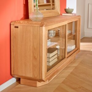 wohnli-moebel-suche-M26106331-1 Eichen-Vitrine mit Schiebetüren Beige 160x70x40cm Holz Beige Robin des Bois Möbel Esszimmermöbel Vitrine und Vitrinenschrank