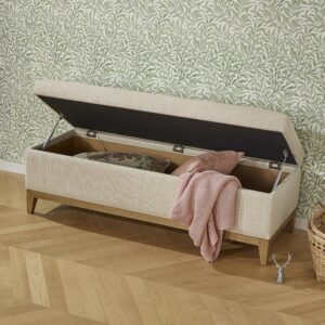 wohnli-moebel-suche-M26106461-1 Shabby-Chic-Stil Aufbewahrungsbank aus Eiche und Leinen Beige 135x47x50cm Holz Beige Robin des Bois Möbel Esszimmermöbel Sitzbank und Holzbank