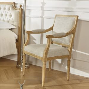 Massivholz- und Premium-Leinen-Stuhl Beige 58x94x56cm Holz Beige Robin des Bois Möbel Esszimmermöbel Stühle
