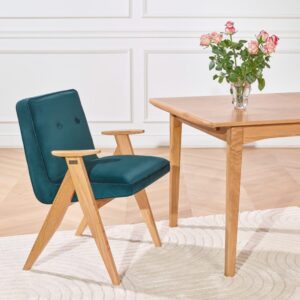 wohnli-moebel-suche-M26106587-1 Sessel aus Eiche und Samt Peacock Blue 63x85x57cm Holz Braun Robin des Bois Möbel Esszimmermöbel Stühle