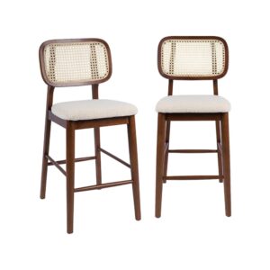 wohnli-moebel-suche-M26108279 Wohnli Möbelsuche - 2 Barhocker Holz mit Rattan und Bouclé nussbaum/weiß
