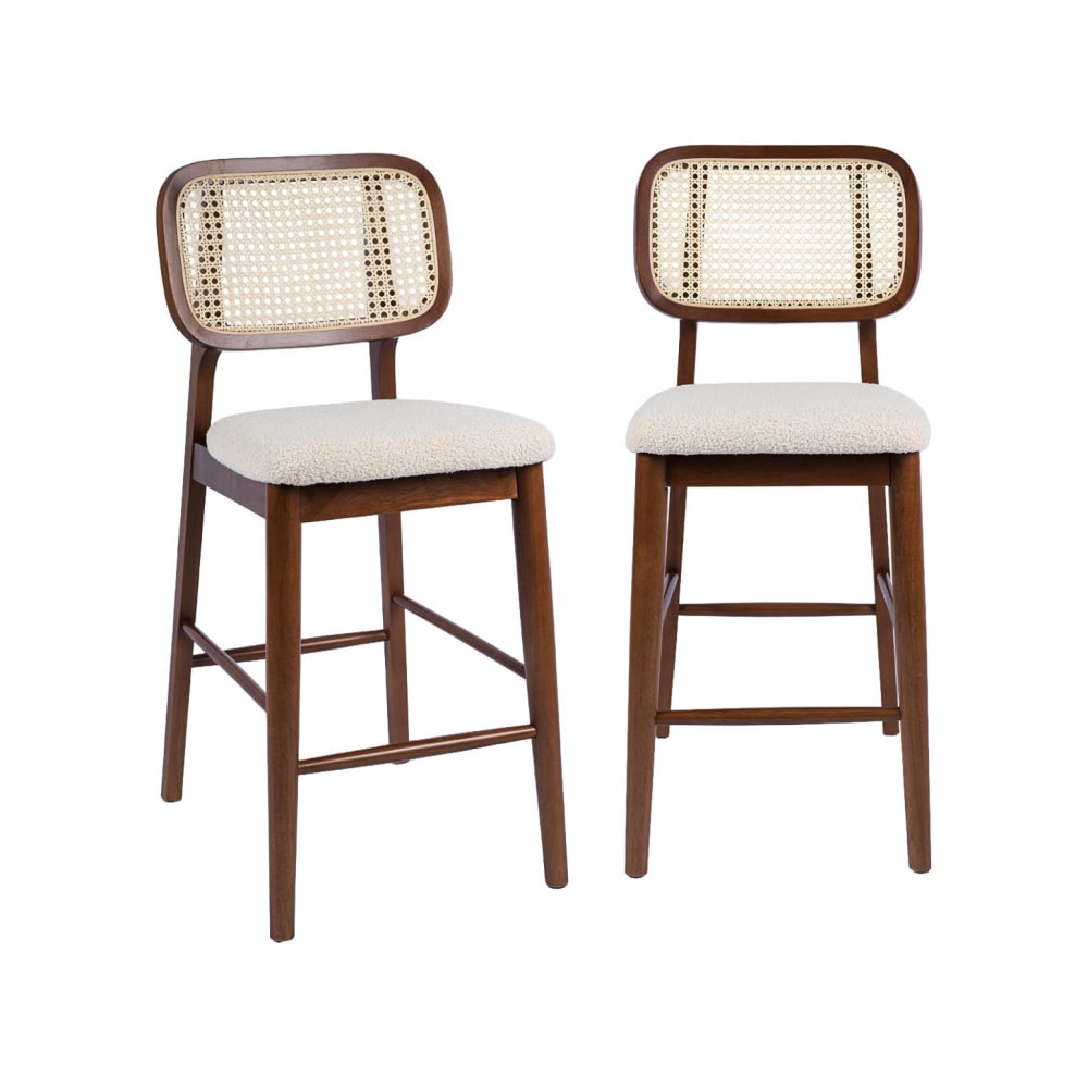 wohnli-moebel-suche-M26108279 Wohnli Möbelsuche - 2 Barhocker Holz mit Rattan und Bouclé nussbaum/weiß