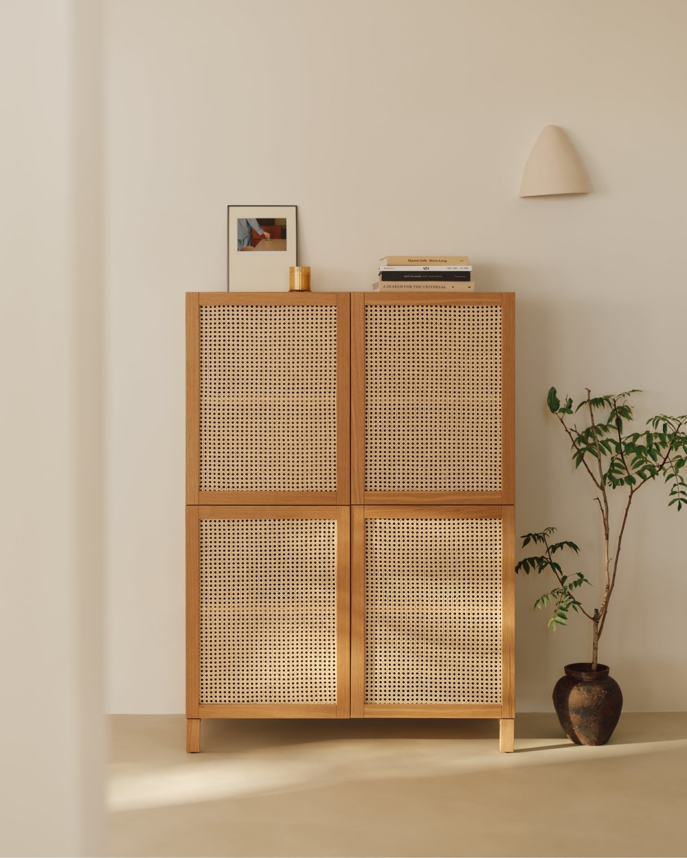 Sideboard aus Eichen-Sperrholz und Naturfasern 100x140x40cm Holz Braun Hannun Möbel Schlafzimmermöbel Kommoden