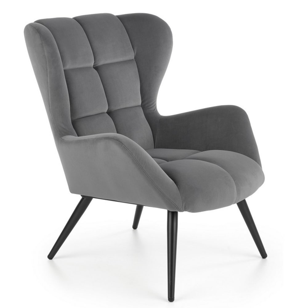 wohnli-moebel-suche-M26109881 Wohnli Möbelsuche - Moderner Sessel aus grauem Samt mit schwarzen Metallbeinen