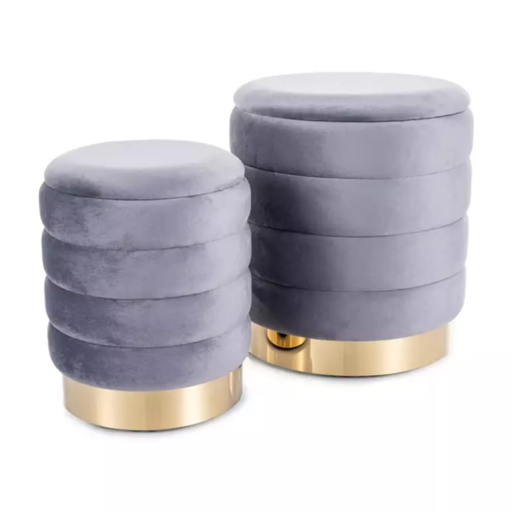 wohnli-moebel-suche-M26109906 Wohnli Möbelsuche - Grauer Samthocker mit Stauraum und goldenem Sockel