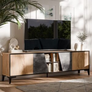 Designer-TV-Möbel aus Eiche und dunklem Beton mit 4 Türen 180x53x180cm Holz Braun MSO Möbel Wohnzimmermöbel TV-Möbel