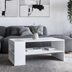 wohnli-moebel-suche-M26110402-1 Moderner weißer Couchtisch 100 x 55 cm mit Regalen 100x42x55cm Holz Weiß MSO Möbel Wohnzimmermöbel Couchtische