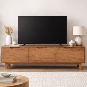 TV-Möbel aus naturbelassenem Mangoholz mit 3 Türen und Holzbeinen 160x55x40cm Holz Braun GEESE HOME Möbel Wohnzimmermöbel TV-Möbel