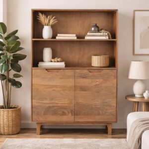 wohnli-moebel-suche-M26115524-1 Hochsideboard aus naturbelassenem Mangoholz mit 2 Türen und Holzbeinen 110x140x40cm Holz Braun GEESE HOME Möbel Esszimmermöbel Sideboards, Highboards & niedrige Anrichten