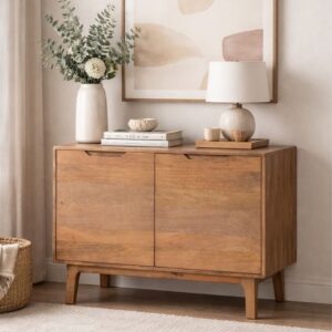 wohnli-moebel-suche-M26115542-1 Sideboard aus naturbelassenem Mangoholz mit 2 Türen und Holzbeinen 100x80x40cm Holz Braun GEESE HOME Möbel Esszimmermöbel Sideboards, Highboards & niedrige Anrichten