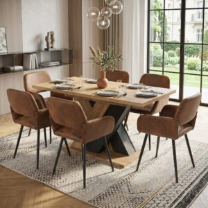 wohnli-moebel-suche-M26115592-1 Set aus ausziehbarem Esstisch und 6 Stühlen in brauner Lederoptik 159x75x80cm Spanplatte Beige Urban Meuble Möbel Esszimmermöbel Tisch- und Stuhlset für den Außenbereich