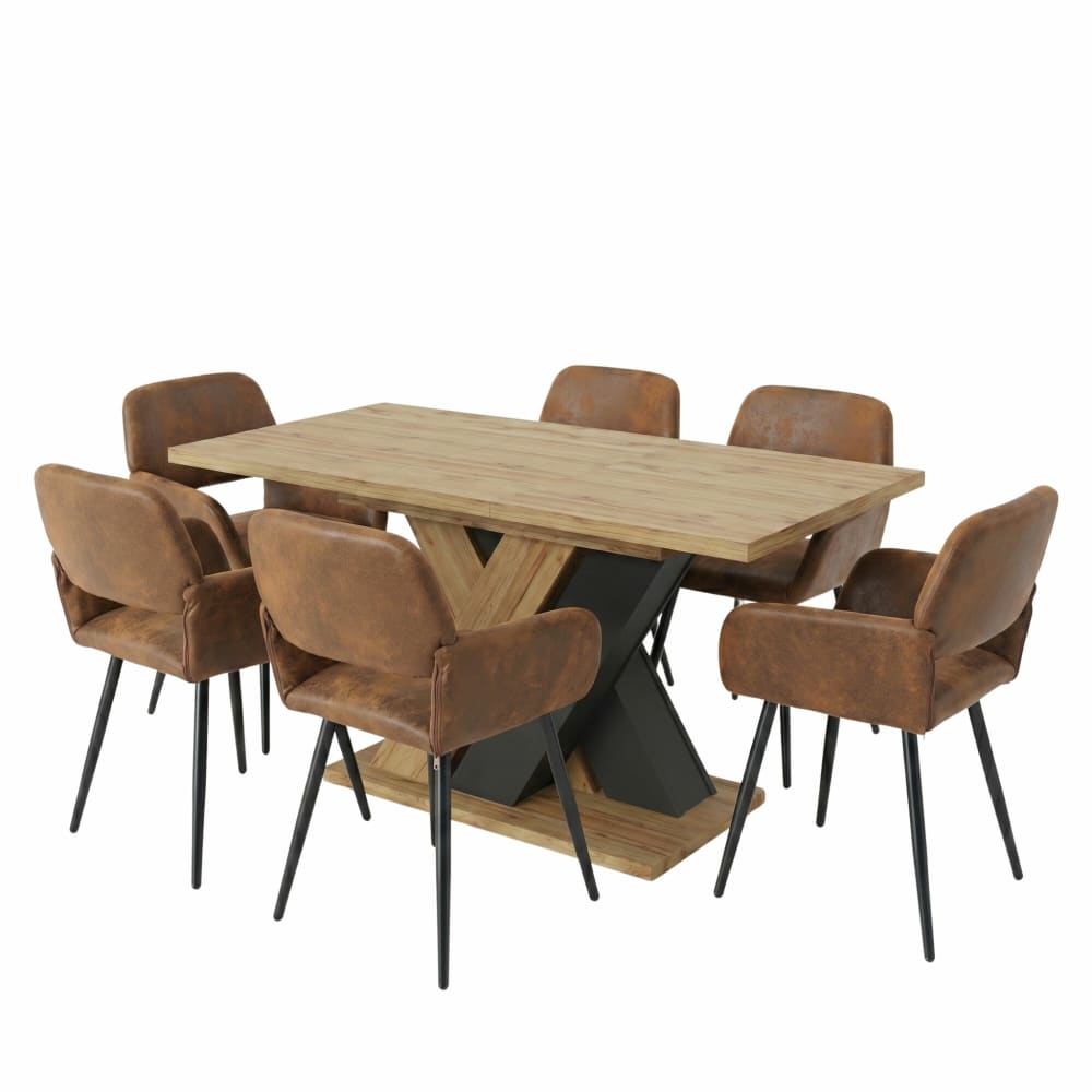 wohnli-moebel-suche-M26115592 Wohnli Möbelsuche - Set aus ausziehbarem Esstisch und 6 Stühlen in brauner Lederoptik