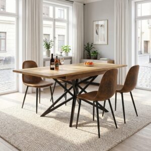Ausziehbarer Esstisch & 4 Stühle in Vintage-Lederoptik 120x76x80cm Spanplatte Beige Urban Meuble Möbel Esszimmermöbel Tisch- und Stuhlset für den Außenbereich
