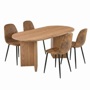 wohnli-moebel-suche-M26115602 Wohnli Möbelsuche - Set aus ovalem Holztisch und 4 Stühlen in brauner Lederoptik
