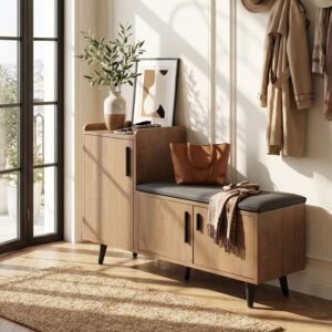 wohnli-moebel-suche-M26115613-1 Schuhbank Holz-Optik mit 3 Türen und grauer Sitzfläche 100x69x34cm Spanplatte Braun Urban Meuble Möbel Flurmöbel Schuhschränke