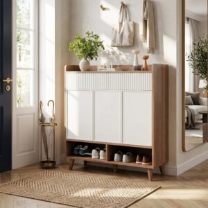Schuhschrank Weiß und Holz-Optik mit 3 Türen & 2 Schubladen 90x100x35cm Spanplatte Weiß Urban Meuble Möbel Flurmöbel Schuhschränke
