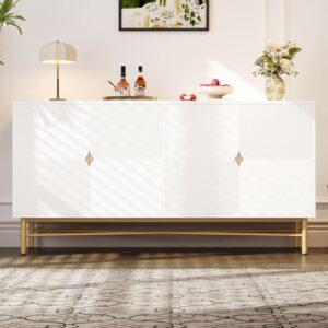 wohnli-moebel-suche-M26115637-1 Sideboard Weiß geometrisches Streifenmuster 4 Türen Goldbeine 160x82x40cm Spanplatte Weiß Urban Meuble Möbel Esszimmermöbel Sideboards, Highboards & niedrige Anrichten