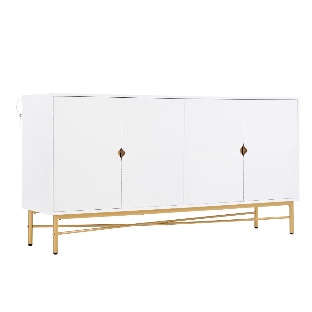 wohnli-moebel-suche-M26115637 Wohnli Möbelsuche - Sideboard Weiß geometrisches Streifenmuster 4 Türen Goldbeine