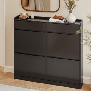 wohnli-moebel-suche-M26117562-1 Schuhschrank mit 4 Klappfächern und 2 Schubladen 98x95x19cm Spanplatte Schwarz SoBuy Möbel Flurmöbel Schuhschränke