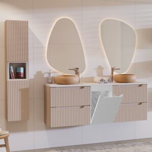 wohnli-moebel-suche-M26117864-1 Set Doppelwaschtisch 160cm Wäschekorb Melamin Kaschmir 160x59x40cm Spanplatte Beige Petits meubles Möbel Badezimmermöbel Waschtische