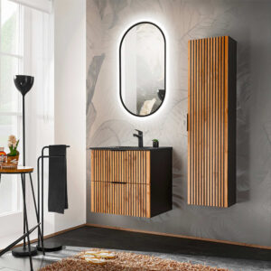 wohnli-moebel-suche-M26117865-1 Set aus Einzelmöbel Einbauwaschbecken Melamin Holz in Eichenoptik 60x57x46cm Spanplatte Schwarz Petits meubles Möbel Badezimmermöbel Waschtische