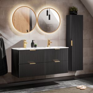 wohnli-moebel-suche-M26117866-1 Doppelwaschtisch 120cm LED Spiegel Melamin Mattschwarz 120x57x46cm Spanplatte Schwarz Petits meubles Möbel Badezimmermöbel Waschtische