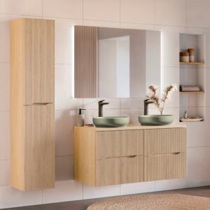 wohnli-moebel-suche-M26117875-1 Set aus Doppelwaschtisch 120cm Laminat Helle Eiche 121x59x46cm Spanplatte Braun Petits meubles Möbel Badezimmermöbel Waschtische