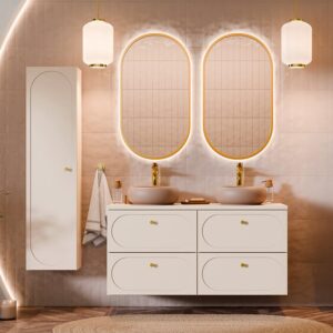 wohnli-moebel-suche-M26117876-1 Set aus Doppelwaschtisch 120cm Laminat Sandbeige 121x59x46cm Spanplatte Beige Petits meubles Möbel Badezimmermöbel Waschtische