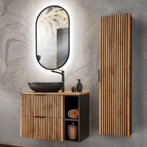 wohnli-moebel-suche-M26117883-1 Set aus Einzelwaschtisch 80cm Melamin Holz in Eichenoptik und Schwarz 81x59x46cm Spanplatte Schwarz Petits meubles Möbel Badezimmermöbel Waschtische