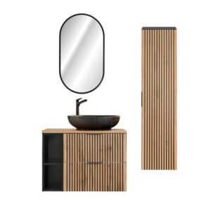 wohnli-moebel-suche-M26117883 Wohnli Möbelsuche - Set aus Einzelwaschtisch 80cm Melamin Holz in Eichenoptik und Schwarz