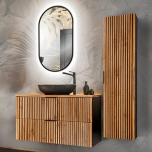 wohnli-moebel-suche-M26117886-1 Set aus Einzelwaschtisch 100cm LED Melamin Holz in Eichenoptik 101x59x46cm Spanplatte Schwarz Petits meubles Möbel Badezimmermöbel Waschtische