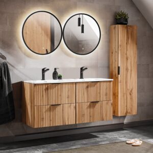 wohnli-moebel-suche-M26117900-1 Doppelwaschtisch 120cm mit LED Melamin Holz 120x57x46cm Spanplatte Braun Petits meubles Möbel Badezimmermöbel Waschtische