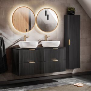 wohnli-moebel-suche-M26117903-1 Doppelwaschtisch 120cm LED Spiegel Melamin Mattschwarz 121x59x46cm Spanplatte Schwarz Petits meubles Möbel Badezimmermöbel Waschtische