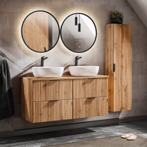wohnli-moebel-suche-M26117908-1 Doppelwaschtisch 120cm LED-Spiegel Melamin Holz 121x59x46cm Spanplatte Braun Petits meubles Möbel Badezimmermöbel Waschtische
