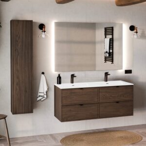 wohnli-moebel-suche-M26118607-1 Set aus Doppelwaschtisch 120cm Laminatplatten Dunkles Holz 121x50x46cm Spanplatte Braun Petits meubles Möbel Badezimmermöbel Waschtische