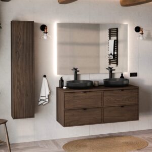wohnli-moebel-suche-M26118608-1 Set aus Doppelwaschtisch 120cm Laminatplatten Dunkles Holz 120x52x46cm Spanplatte Braun Petits meubles Möbel Badezimmermöbel Waschtische