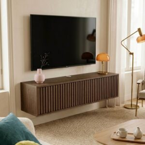 wohnli-moebel-suche-M26119165-1 Wandmontiertes TV-Möbel 120 cm breit skandinavischer Stil dunkles Holz 120x30x30cm Holz Braun Oviala Möbel Wohnzimmermöbel TV-Möbel