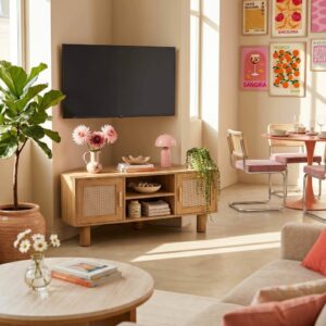 wohnli-moebel-suche-M26119166-1 TV-Möbel Holzoptik 120 cm Kunstrattan skandinavisch hellbraun 120x55x54cm Holz Beige Oviala Möbel Wohnzimmermöbel TV-Möbel