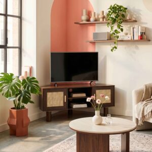 wohnli-moebel-suche-M26119181-1 TV-Möbel Holzoptik 120 cm Kunstrattan skandinavisch dunkelbraun 120x55x54cm Holz Braun Oviala Möbel Wohnzimmermöbel TV-Möbel