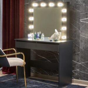 wohnli-moebel-suche-M26119576-1 Schwarzer Schminktisch mit Schubladen und LED-Beleuchtung 94x140x43cm Holz Schwarz MSO Möbel Schlafzimmermöbel Schminktische