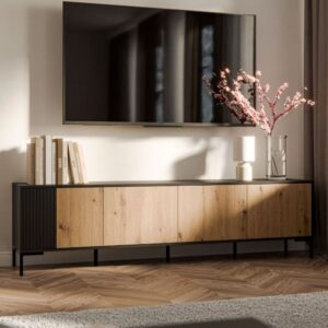 wohnli-moebel-suche-M26119583-1 Schwarzer und hölzerner TV-Ständer 200 cm – 4 Türen – 200x54x200cm Holz Schwarz MSO Möbel Wohnzimmermöbel TV-Möbel