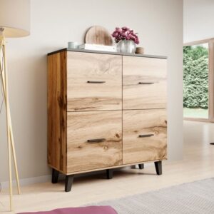 wohnli-moebel-suche-M26119660-1 Hohes Sideboard im Eichen- und mattschwarzen Stil mit 4 Türen 45x119x110cm Holz Schwarz MSO Möbel Esszimmermöbel Sideboards, Highboards & niedrige Anrichten