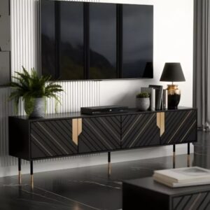 Schwarz-goldener 4-türiger TV-Schrank 200 cm 200x55x200cm Holz Schwarz MSO Möbel Wohnzimmermöbel TV-Möbel